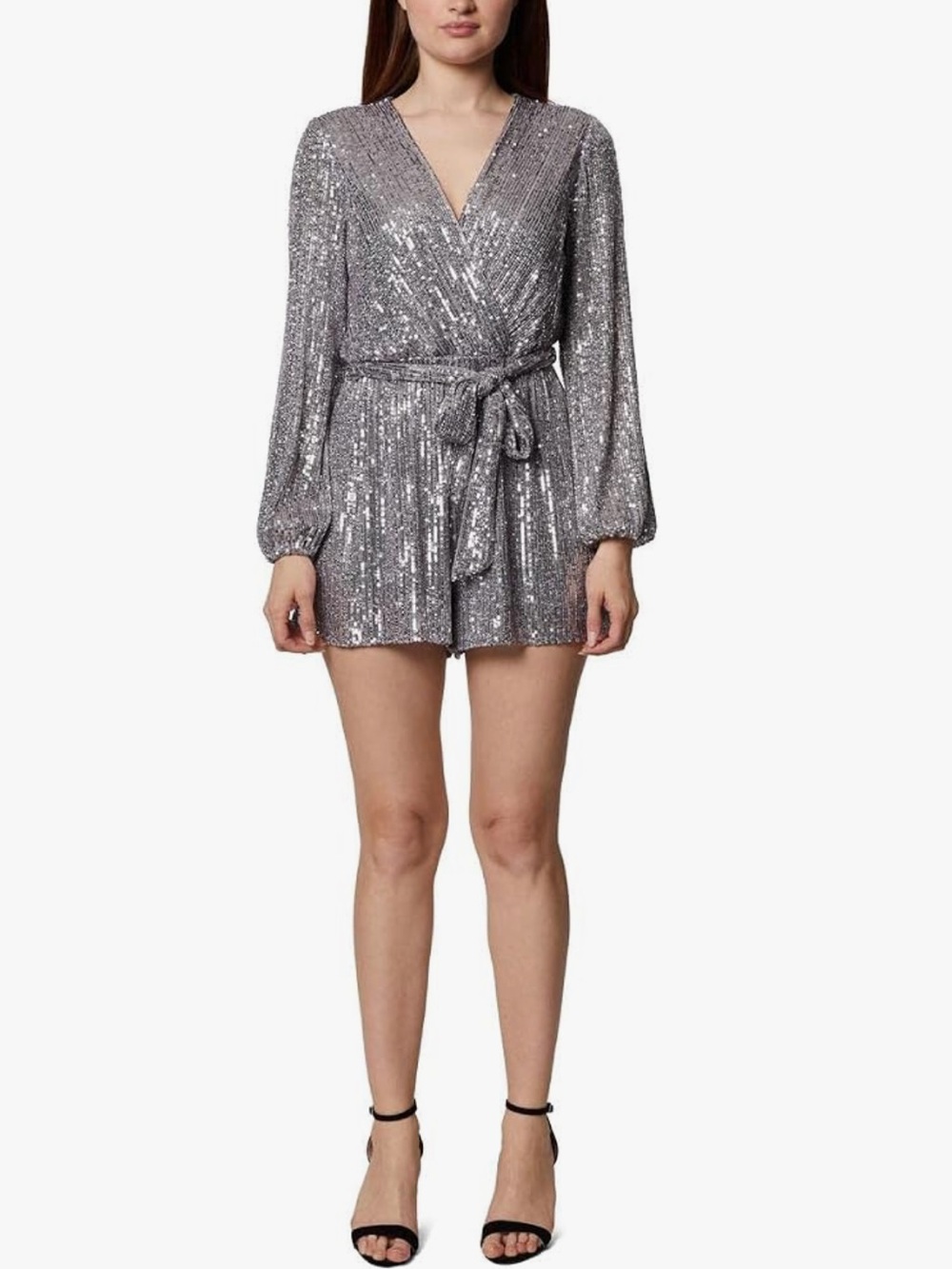 BCBGeneration Womens Long Sleeve Sequin Romper Size 12 Silver Wrap Style Event